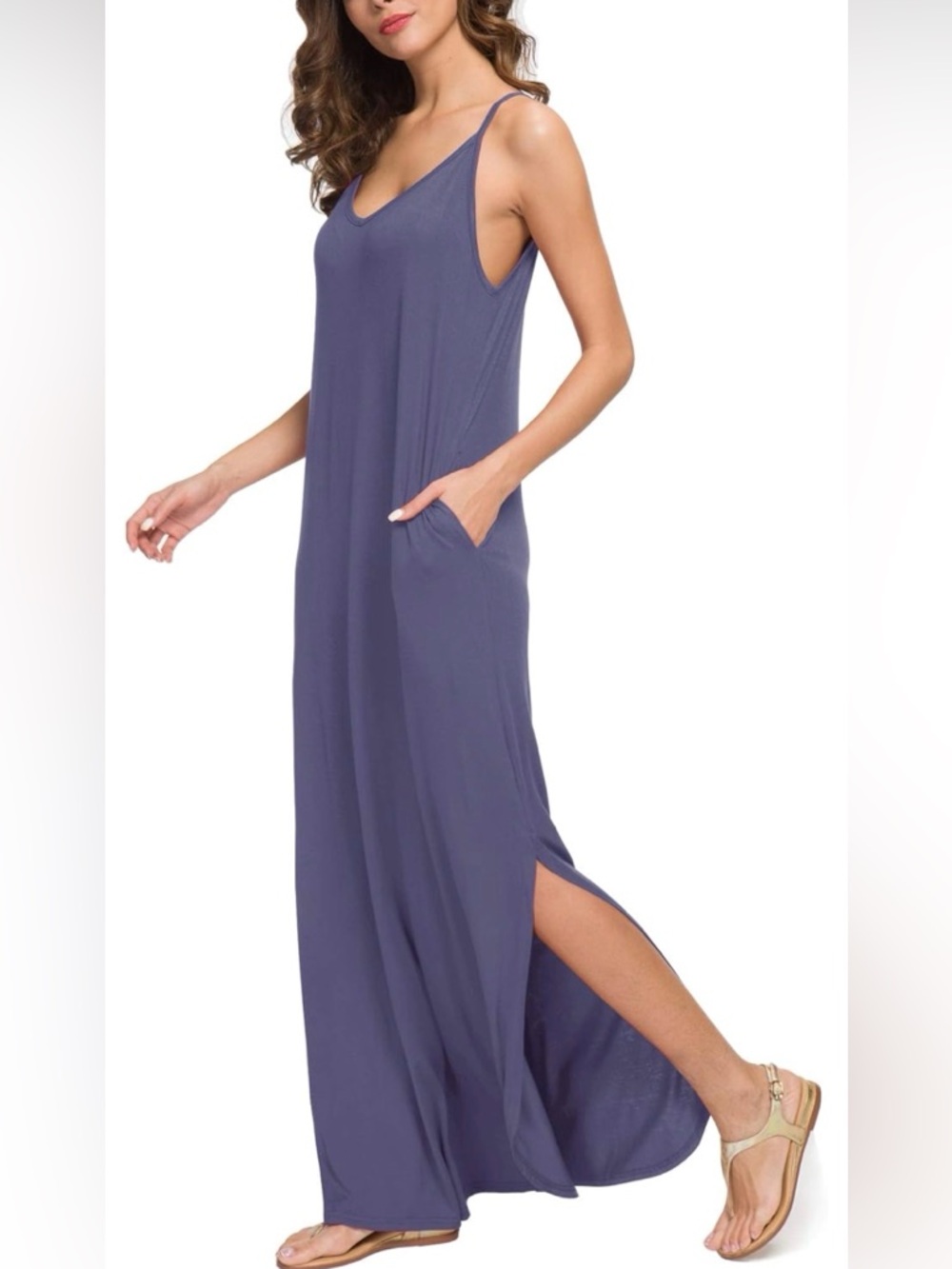 Sleeveless V-Neck Maxi Dress in Purple with Side Slit - Picture 2 of 10